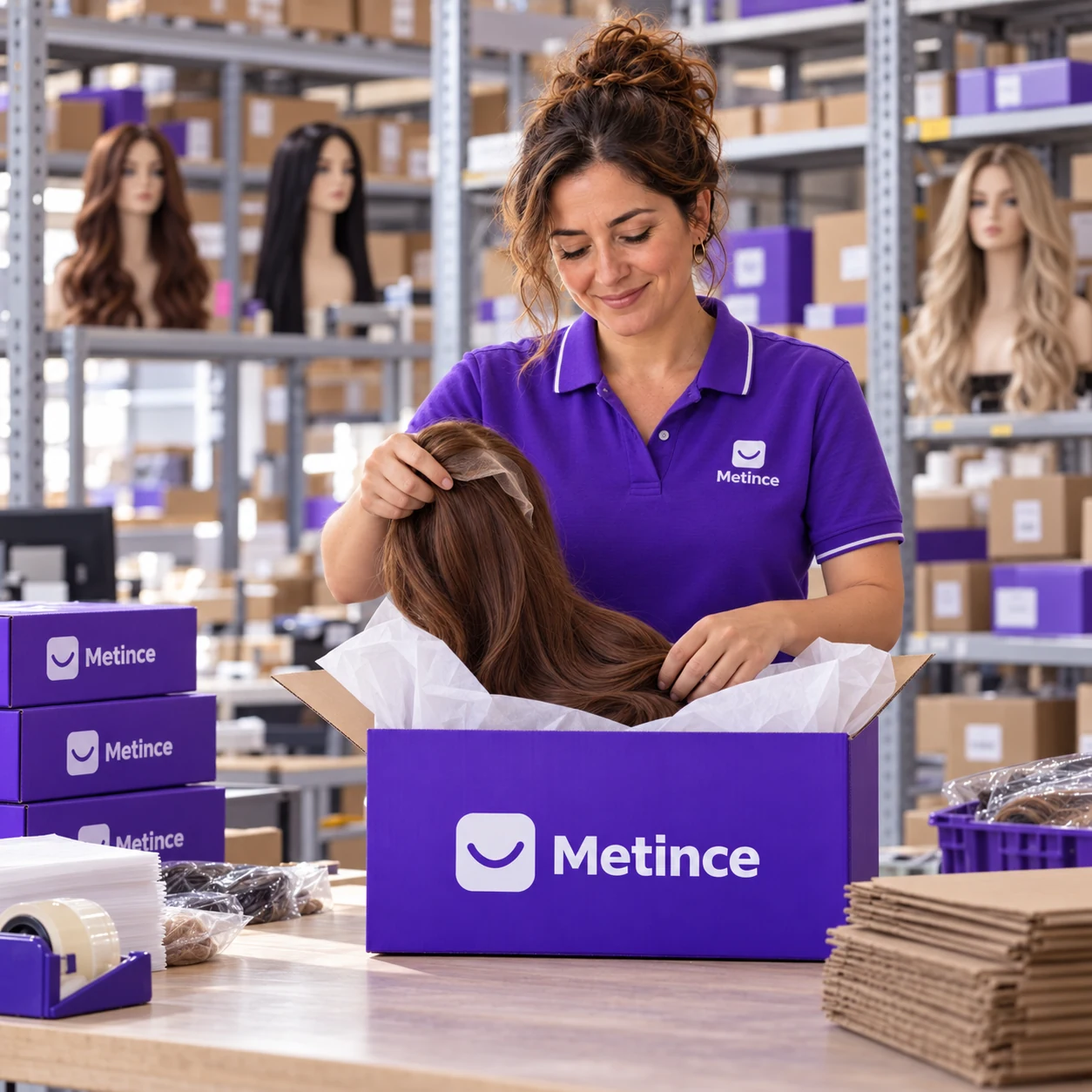 Metince deposunda mor kurumsal üniformalı personelin peruğu Metince kutusuna özenle yerleştirmesi